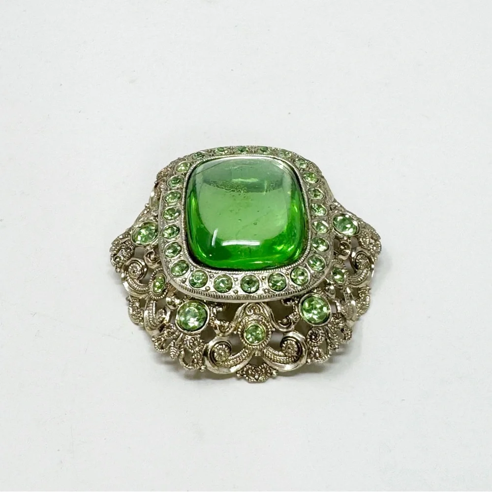 West Germany Pale Green Victorian Style Vintage Brooch Very Lightweight Metal